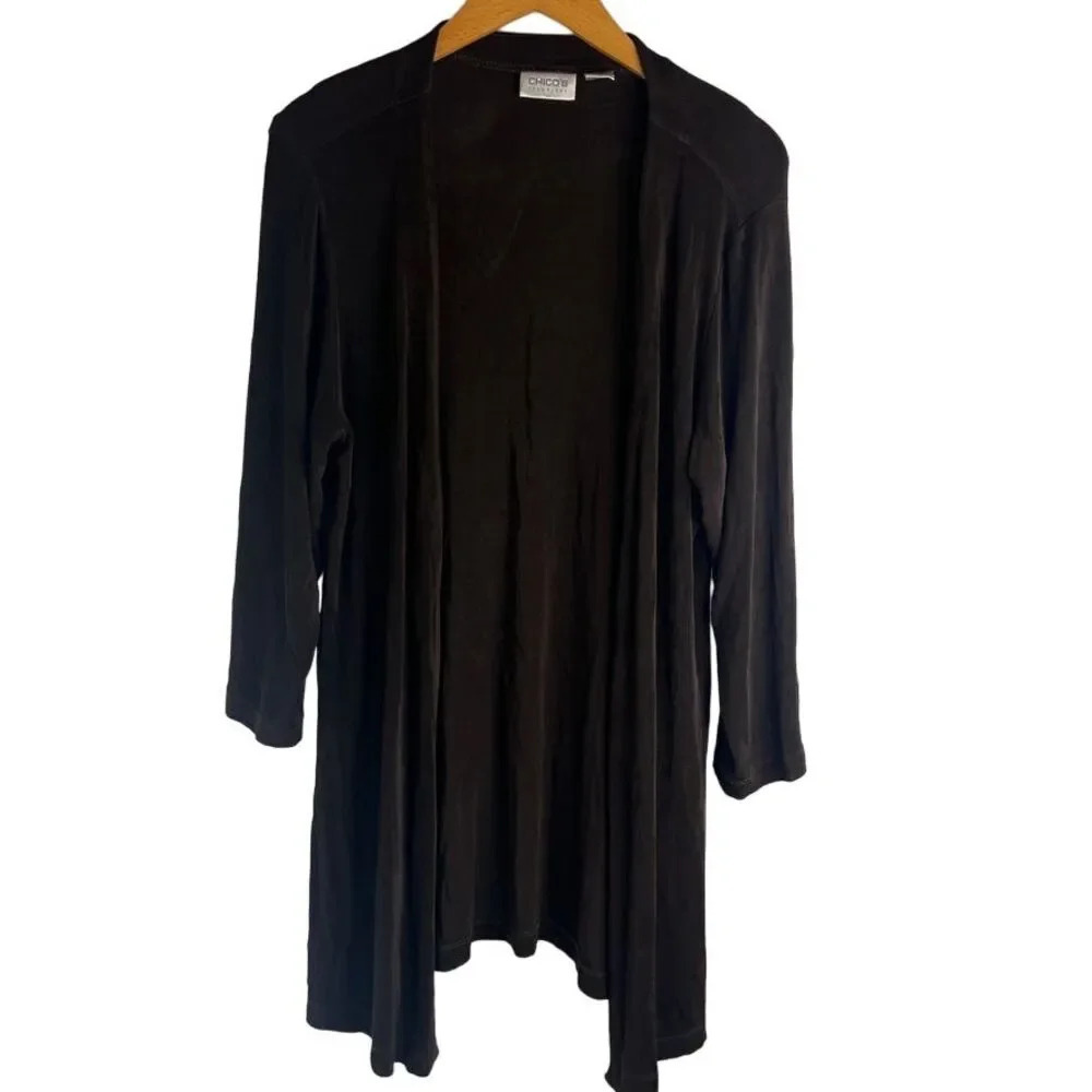 Chicos Travelers Brown Open Front 3/4 Sleeve Waterfall Cardigan Size 2/MD
